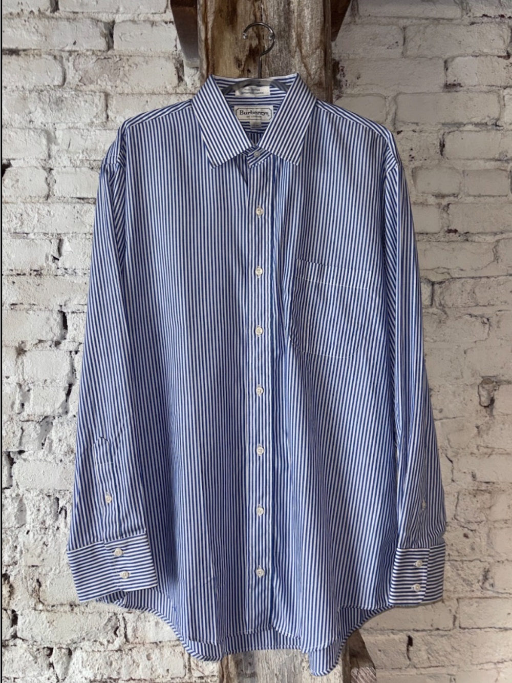 Burberry Blue and White Striped Button-Down Dress Shirt